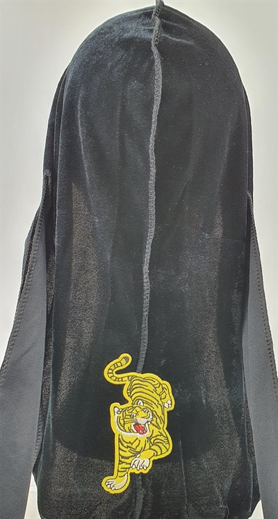 Durag. Black Velvet Extra Long Tail Cap with yellow tiger picture.