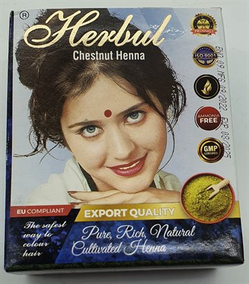 Herbul henna chestnurt, Kastania farve. 6 pose i en pak.Indisk.