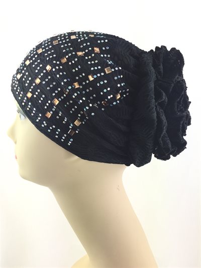 Turban with flower and pearl - Black 